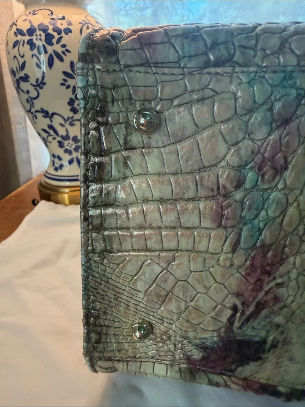 Brahmin Green and Mauve Croc-Embossed Satchel